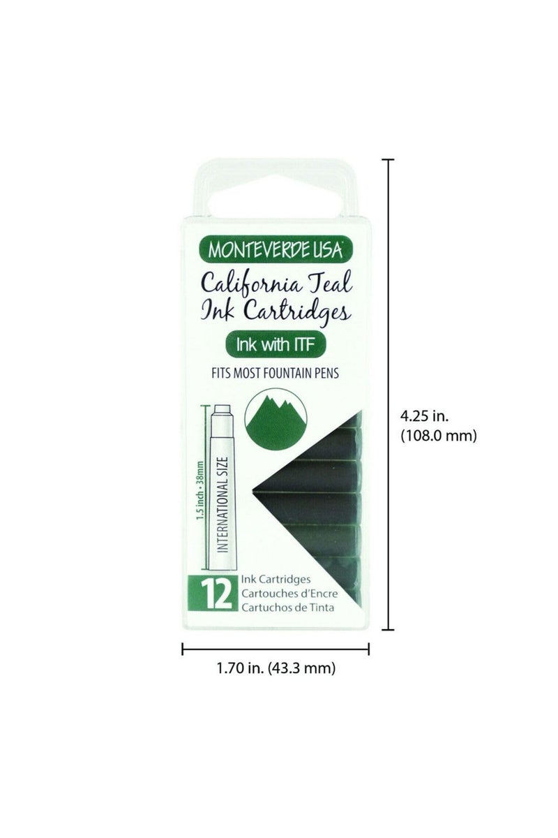 Monteverde USA International Standard Ink Cartridges - California Teal - Vibrant and Refreshing Writing Ink, Compatible with Most Fountain Pens, 12-Pack Box - Image 4